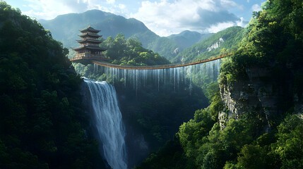 Fototapeta premium Wooden Bridge Over Waterfall In Lush Mountainous Jungle