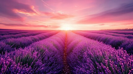 Endless Lavender Field Under Vibrant Purple Sky at Sunset