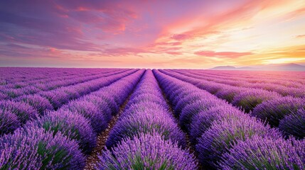 Obraz premium Endless Lavender Field Under Vibrant Purple Sky at Sunset