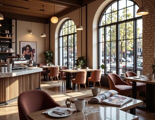 Inviting caf  with sunlit ambiance and elegant d cor