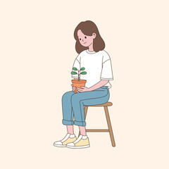 Fototapeta premium A woman sitting on a stool holding a sprout pot. minimal line art vector illustration.