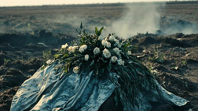 Flowers rest on a blue cloth in a field during sunset, with smoke rising in the background