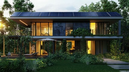 Fototapeta premium Modern Eco-Friendly House with Solar Panels Surrounded by Nature