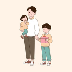 A father holding a child and a son holding a gift. minimal line art vector illustration.