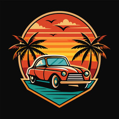 Vintage Summer Car Badge with Sunset Beach Vibes