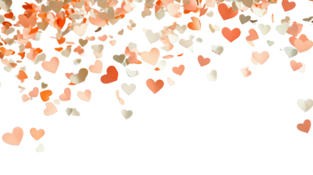 Falling pink and peach hearts on transparent background for romantic designs