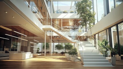 Fototapeta premium Modern Home Interior with Floating Stairs and Abundant Natural Light