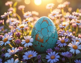 Cracked turquoise egg surrounded by blooming daisies at sunrise