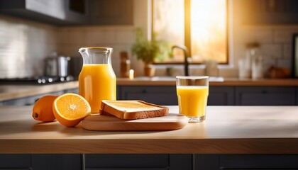 温かな光が差し込むシンプルなキッチンで、トーストとフレッシュオレンジジュースが並べられた朝のテーブルの心地よい風景
