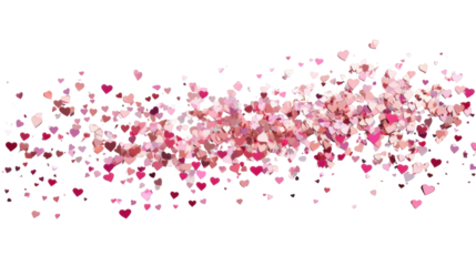 Pink and red hearts confetti falling on transparent background
