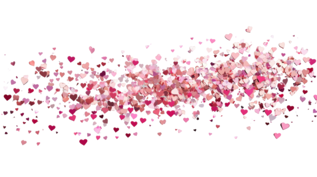 Pink and red hearts confetti falling on transparent background