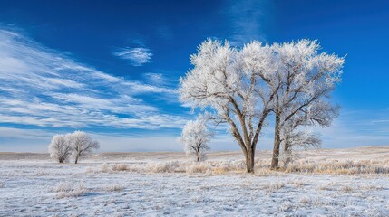 Scenic Frozen Tundra with Frost-Covered Trees Under Bright Sky
