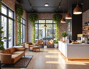 Fototapeta premium Charming cafe interior with lush greenery and modern decor
