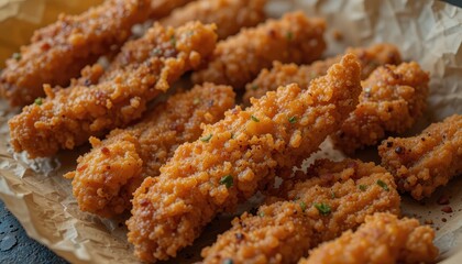 Crunchy chicken strips kitchen food photography rustic setting close-up culinary delight