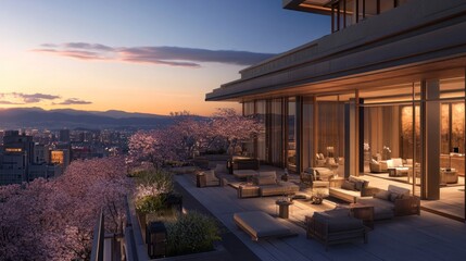 Fototapeta premium Luxury Penthouse Sunset Terrace with Breathtaking City and Mountain Views