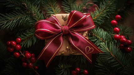 A decorative ribbon bow centered perfectly on a festive wrapped package