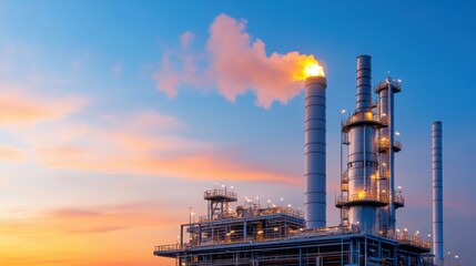 Obraz premium Industrial Facility at Sunset with Emitting Smoke and Bright Flames against a Colorful Sky