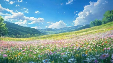 Fototapeta premium Vibrant Field of Blooming Wildflowers Under Bright Blue Sky
