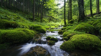 Obraz premium Tranquil Woodland Scene with Gentle Flowing Stream and Lush Greenery