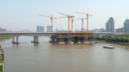 Naklejka premium Bridge Construction over River in Urban Cityscape