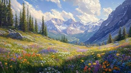 Fototapeta premium Remote Alpine Meadow Filled with Colorful Wildflowers in Nature