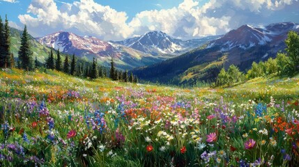 Fototapeta premium Vibrant Alpine Meadow Filled with Colorful Wildflowers and Mountains