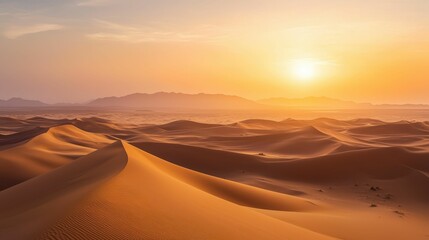 Majestic Rolling Dunes Under Golden Sunset in Vast Desert Landscape