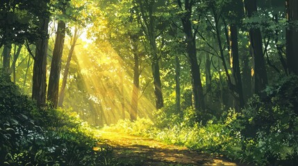 Obraz premium Serene Forest with Golden Sunlight Filtering Through Trees