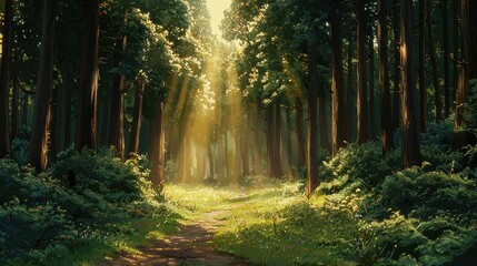 Obraz premium Serene Forest with Golden Sunlight Filtering Through Trees