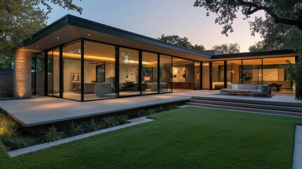Fototapeta premium Sleek Contemporary Home with Glass Enclosed Living Area at Dusk