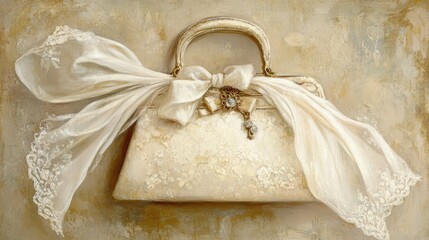 A sheer ribbon bow flowing naturally over the handle of a vintage purse