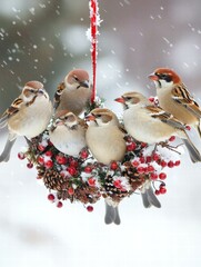 Fototapeta premium Birds enjoying a snowy winter wreath. AI.