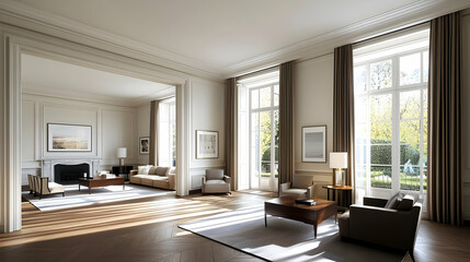 Elegant Living Room Interior With Wooden Floor Large Windows and Natural Light Emphasizing Sophisticated Architecture and Cozy Furniture
