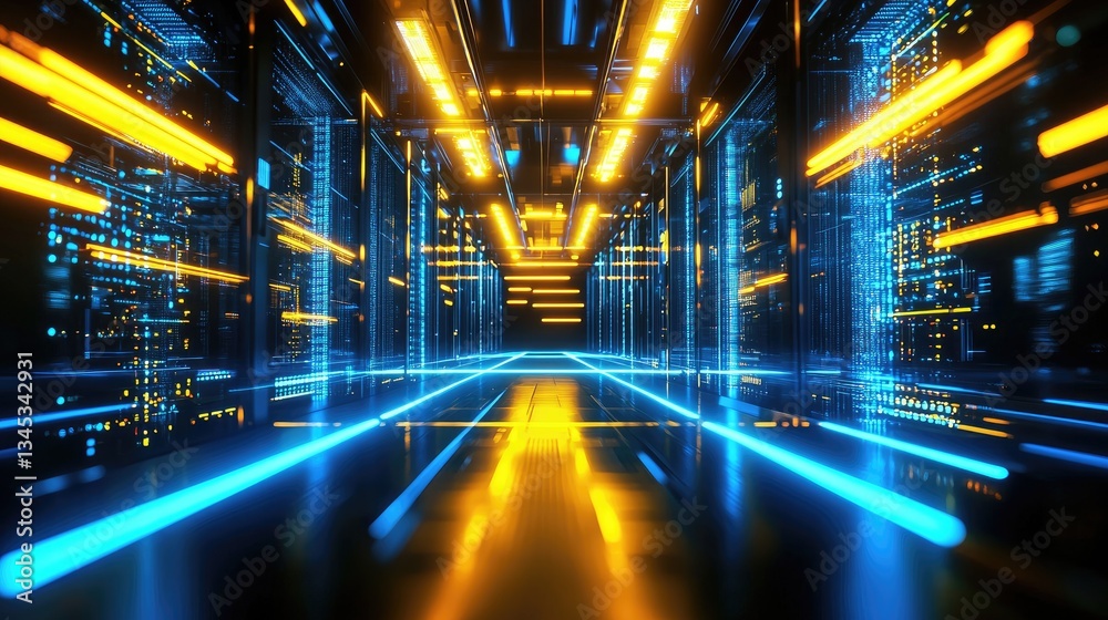 Fototapete a futuristic data center corridor with glowing blue and yellow lights represents technology, cyberse
