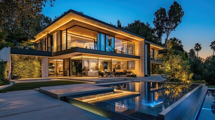 Fototapeta premium Modern Ultra House with AI Controlled Lighting at Sunset