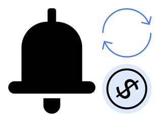 Black bell, circular arrows indicating renewal, dollar symbol in a circle. Ideal for reminders, subscriptions, notifications, payment updates, cash flow, financial systems flat simple metaphor
