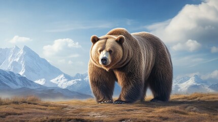 Obraz premium Majestic bear stands proudly in a serene mountain landscape under a bright blue sky and fluffy white clouds