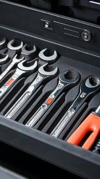 Close-up of a toolkit with neatly arranged spanners and ratchets, essential for various automotive tasks.