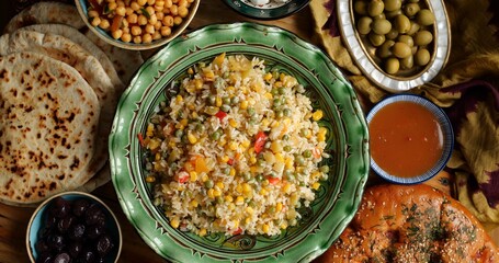 Vegetable pilaf. Indian-style vegan dish. Ramadan iftar food