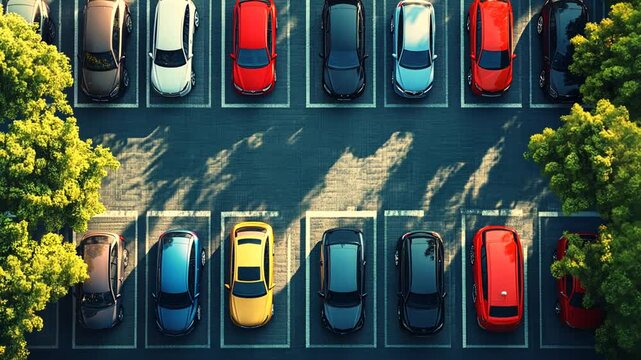 Aerial Perspective of Car Park Rows on Sunny Day Showcasing Orderly Arrangement