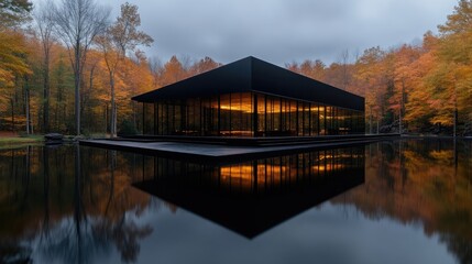 Fototapeta premium Modern, minimalist building in a tranquil autumnal setting