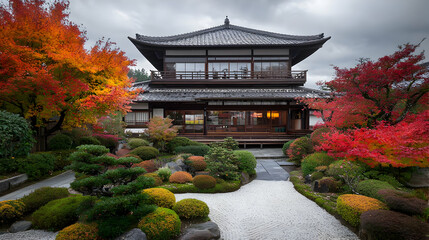 Traditional Japanese Temple Surrounded by Vibrant Autumnal Foliage and Lush Garden in Daytime