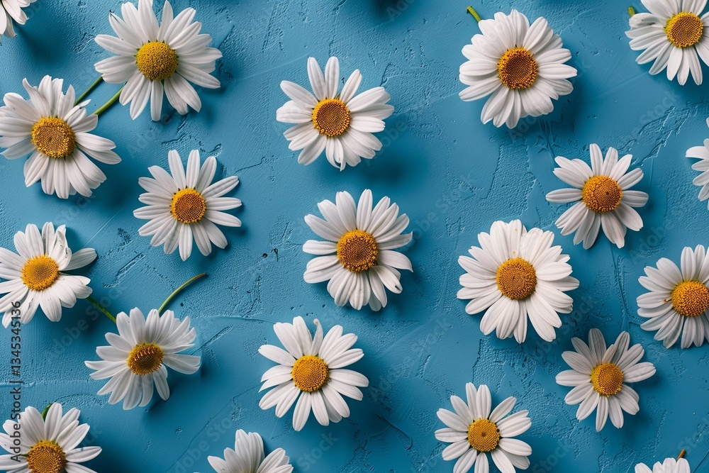 Poster Spring and summer chamomile flowers arranged in a pattern on a blue background creating a vibrant and cheerful scene Generative AI