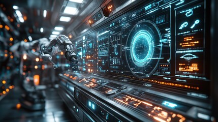 Fototapeta premium Futuristic robot arm interacting with advanced control panel in spaceship cockpit