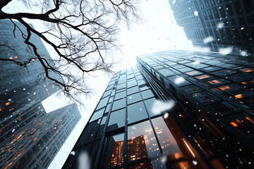 Winter Cityscape: Snowfall blankets towering buildings, creating a serene urban scene with bare tree branches.