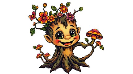 A whimsical tree spirit with a joyful expression is adorned with colorful flowers and mushrooms showcasing a playful connection to nature in a vibrant design