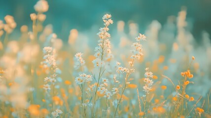 Fototapeta premium Pastel Wildflowers in a Softly Lit Meadow