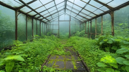 Overgrown Greenhouse in Mist: Lush Green Vegetation and Rusty Metal Frame