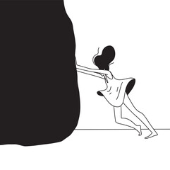 woman moving the big stone, vector line minimalistic illustration. Vector illustration © Anastasia