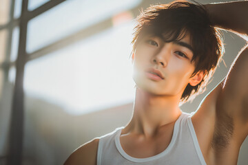 イケメン男性がタンクトップを着て脇の下を見せている